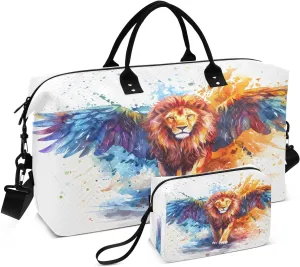 Travel Duffle Bag Weekender Bags Overnight Bag with Toiletry Bag Gym Duffel Bag Lion with Colorful Wings for Travel Business Trips Sport