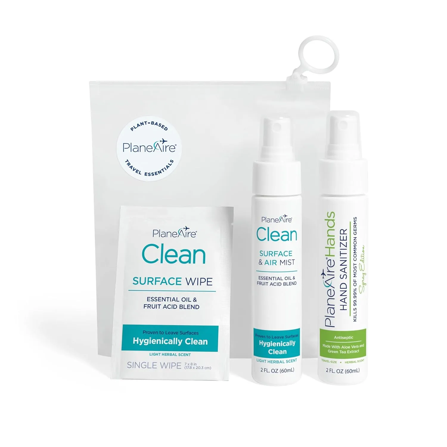 Travel Essentials | Hygiene Kit | Travel Toiletry Kit | Travel Size | Spray Hand Sanitizer Herbal Scent | Surface Wipes | Individual Travel Wipe | Surface Cleaner & Air Mist | With Essential Oils