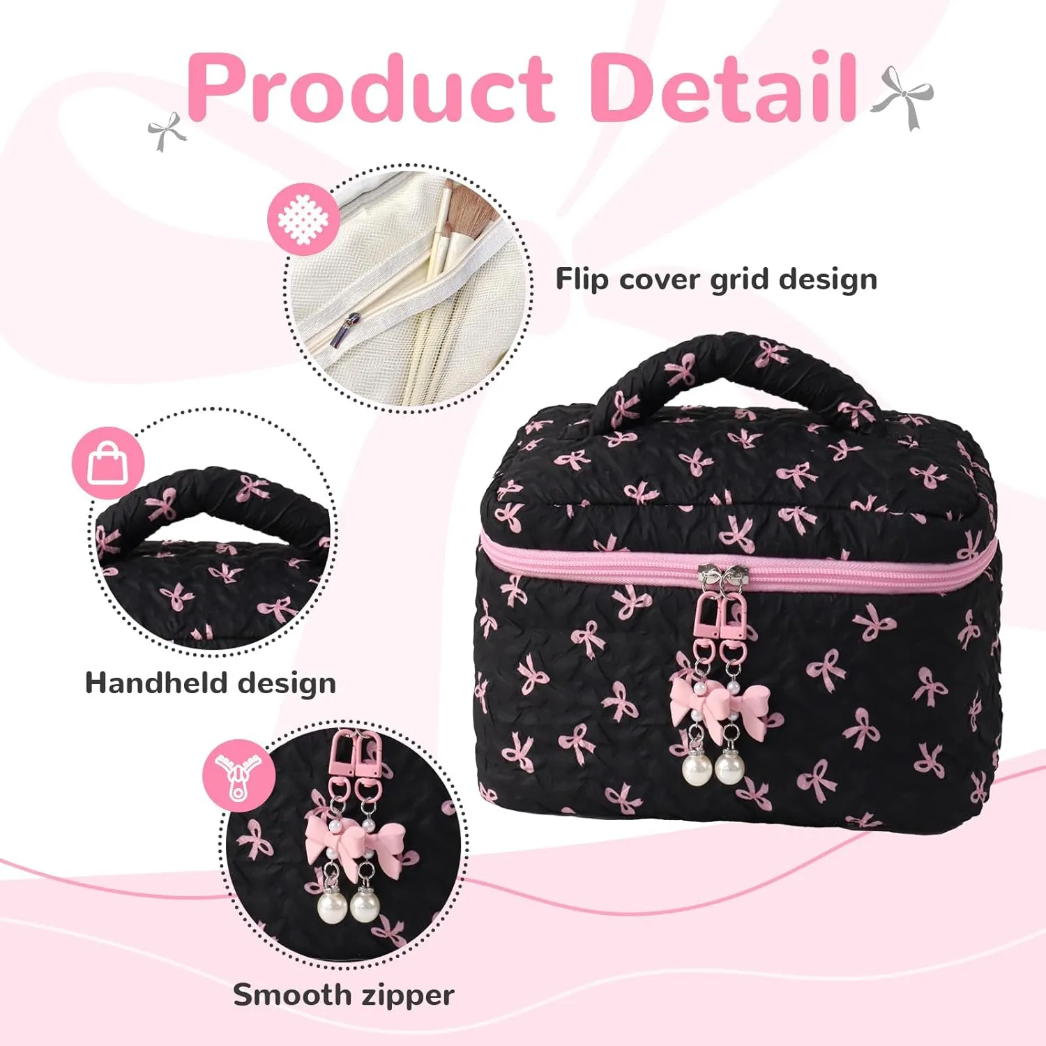 Travel Makeup Bag, Coquette Bow Makeup Pouch, Toiletry Organizer Cosmetic Bags for Women Girl (Bucket Bag, Black Pink)
