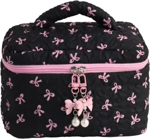 Travel Makeup Bag, Coquette Bow Makeup Pouch, Toiletry Organizer Cosmetic Bags for Women Girl (Bucket Bag, Black Pink)