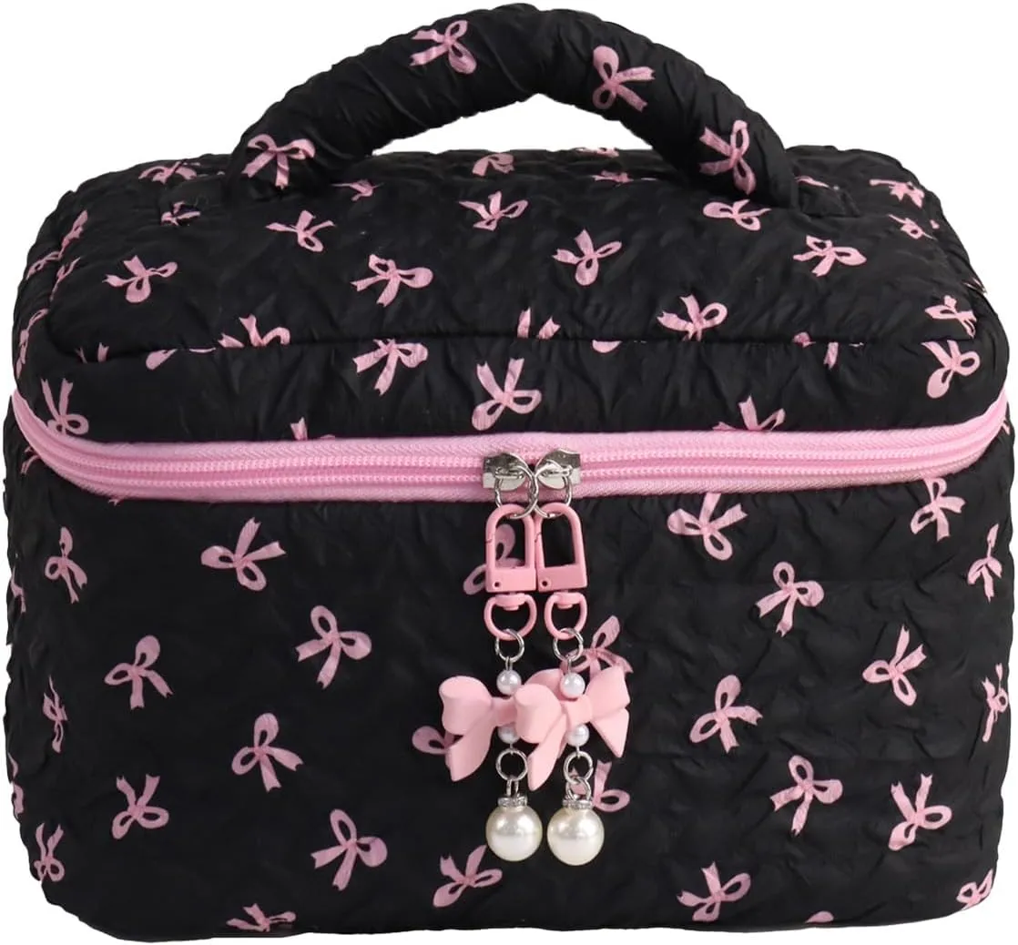 Travel Makeup Bag, Coquette Bow Makeup Pouch, Toiletry Organizer Cosmetic Bags for Women Girl (Bucket Bag, Black Pink)