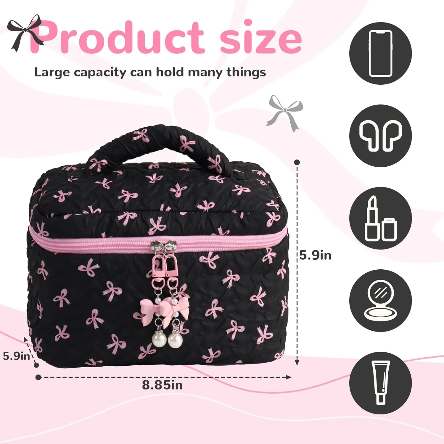 Travel Makeup Bag, Coquette Bow Makeup Pouch, Toiletry Organizer Cosmetic Bags for Women Girl (Bucket Bag, Black Pink)