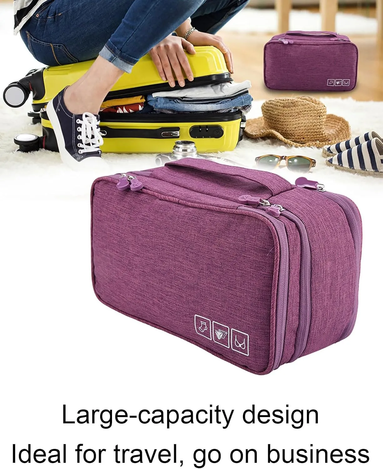 Travel Organizer Bags,Waterproof 11 * 6.3 * 4.9in Polyester Travel Packing Organizers Portable Suitcase Organizer,Luggage Organizer Bags for Underwear Bra Socks Bag USB Case (Purple)