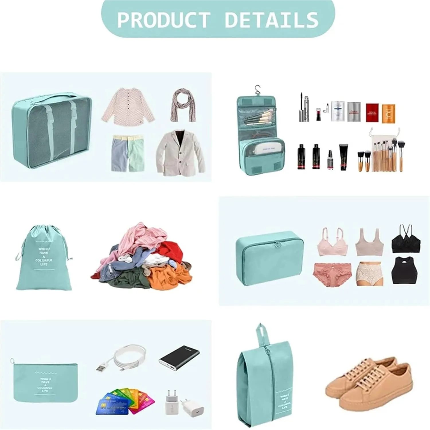 Travel Organizer Eight Piece Set, Toiletries Cosmetics Clothes Storage Bag Portable Travel Sorting Bag Best travel must haves(Lake Blue)