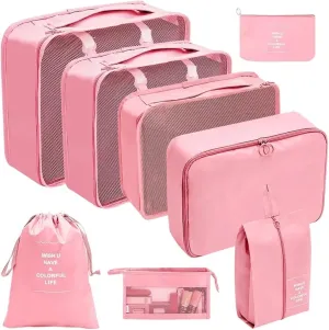 Travel Organizer Eight Piece Set, Toiletries Cosmetics Clothes Storage Bag Portable Travel Sorting Bag Best travel must haves(Pink)