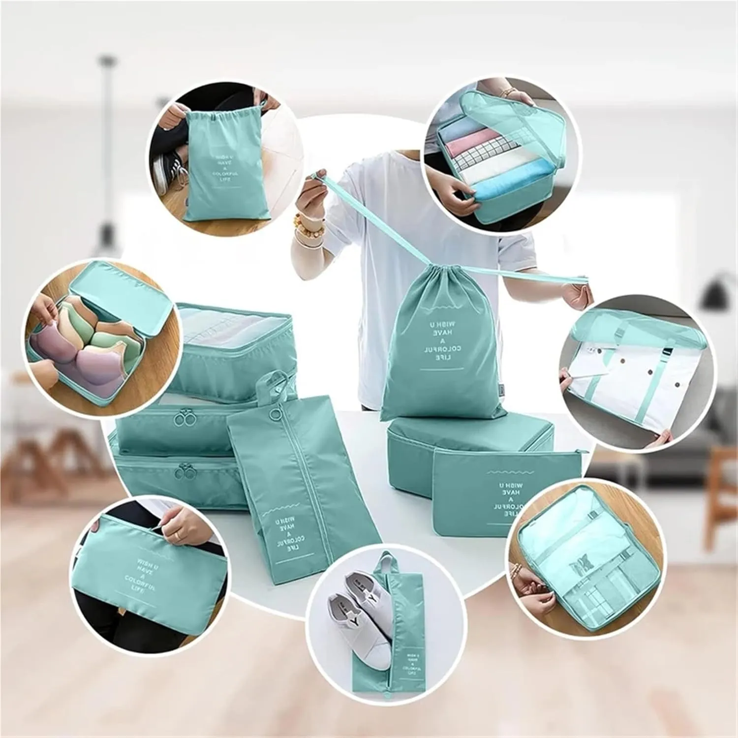 Travel Organizer Eight Piece Set, Toiletries Cosmetics Clothes Storage Bag Portable Travel Sorting Bag Best travel must haves(Pink)