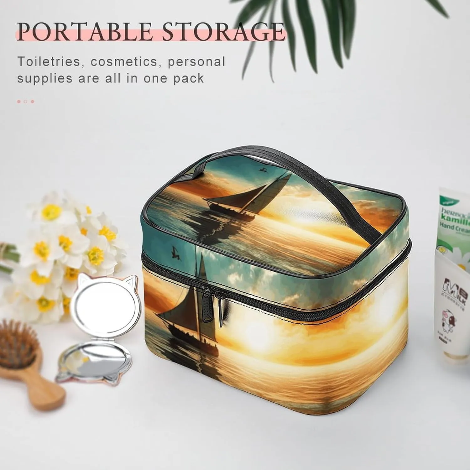 Travel Toiletry Bag for Women And Men,Boat on The Ocean Toiletry Organizer, Makeup Bag Travel Organizer for Shampoo,Toiletries