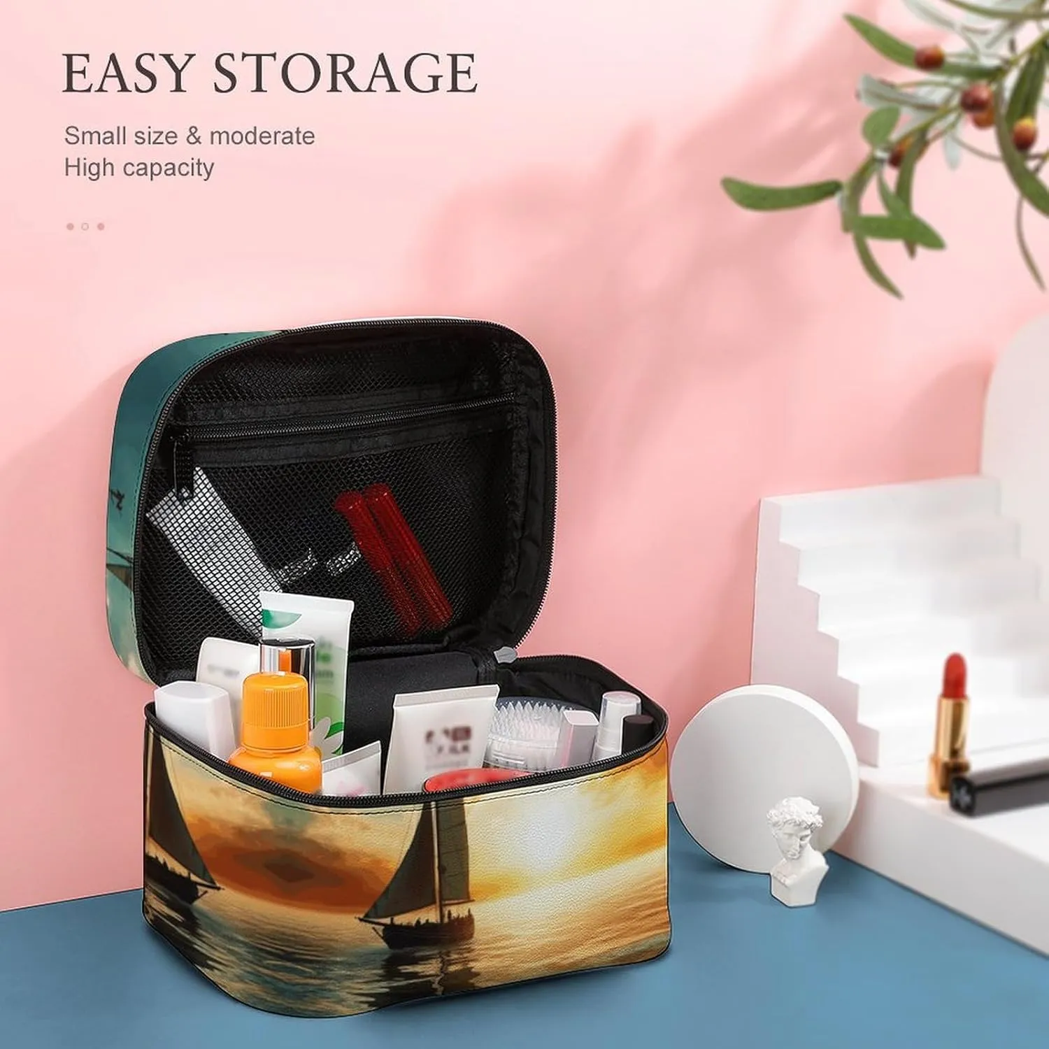 Travel Toiletry Bag for Women And Men,Boat on The Ocean Toiletry Organizer, Makeup Bag Travel Organizer for Shampoo,Toiletries