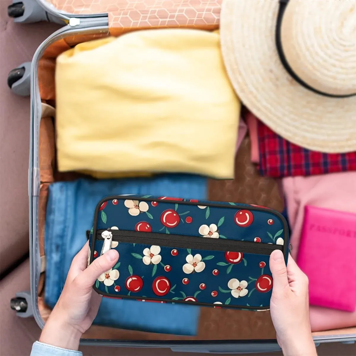 Travel Toiletry Bag for Women Men Cherries Floral Hanging Cosmetic Bag Waterproof Makeup Bag for Shaving Makeup Toothbrush & Travel Essentials