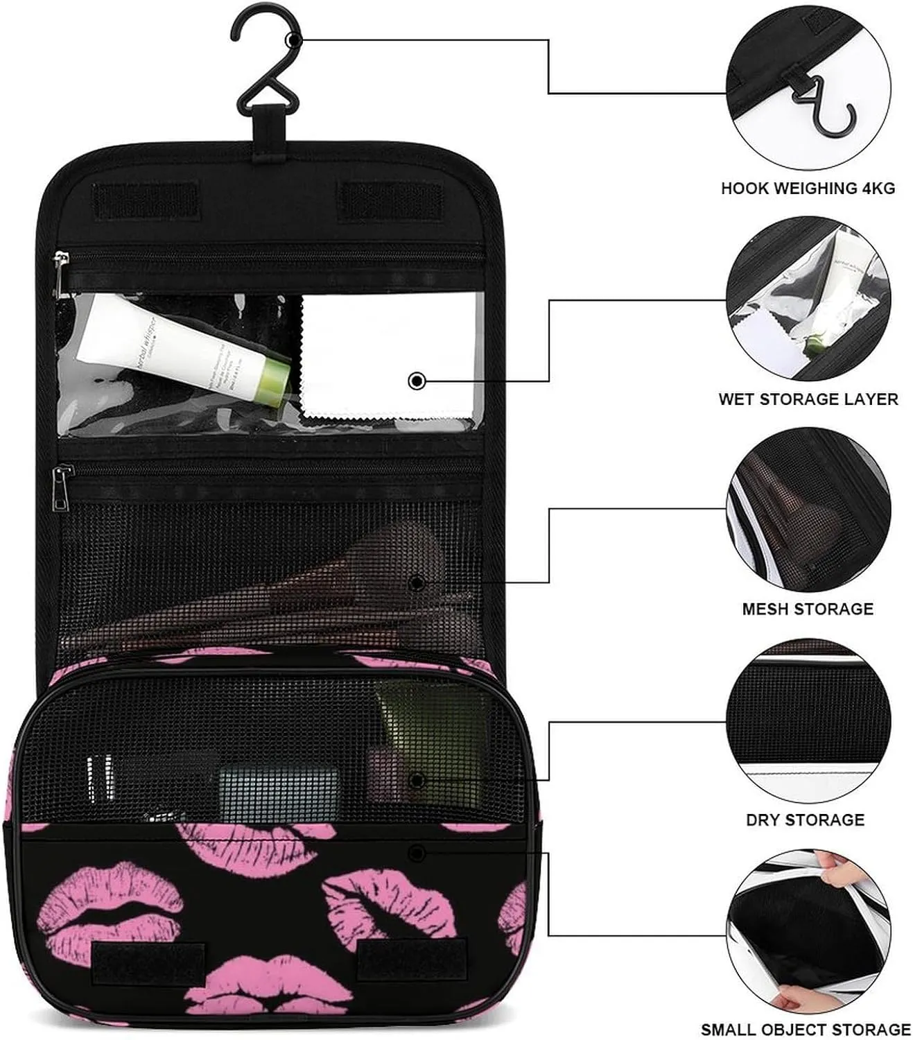 Travel Toiletry Bag, Hanging Travel Makeup Organizer Cosmetic Bag Portable Travel Bags Compatible with Pink Lips Print for Toiletries Accessories