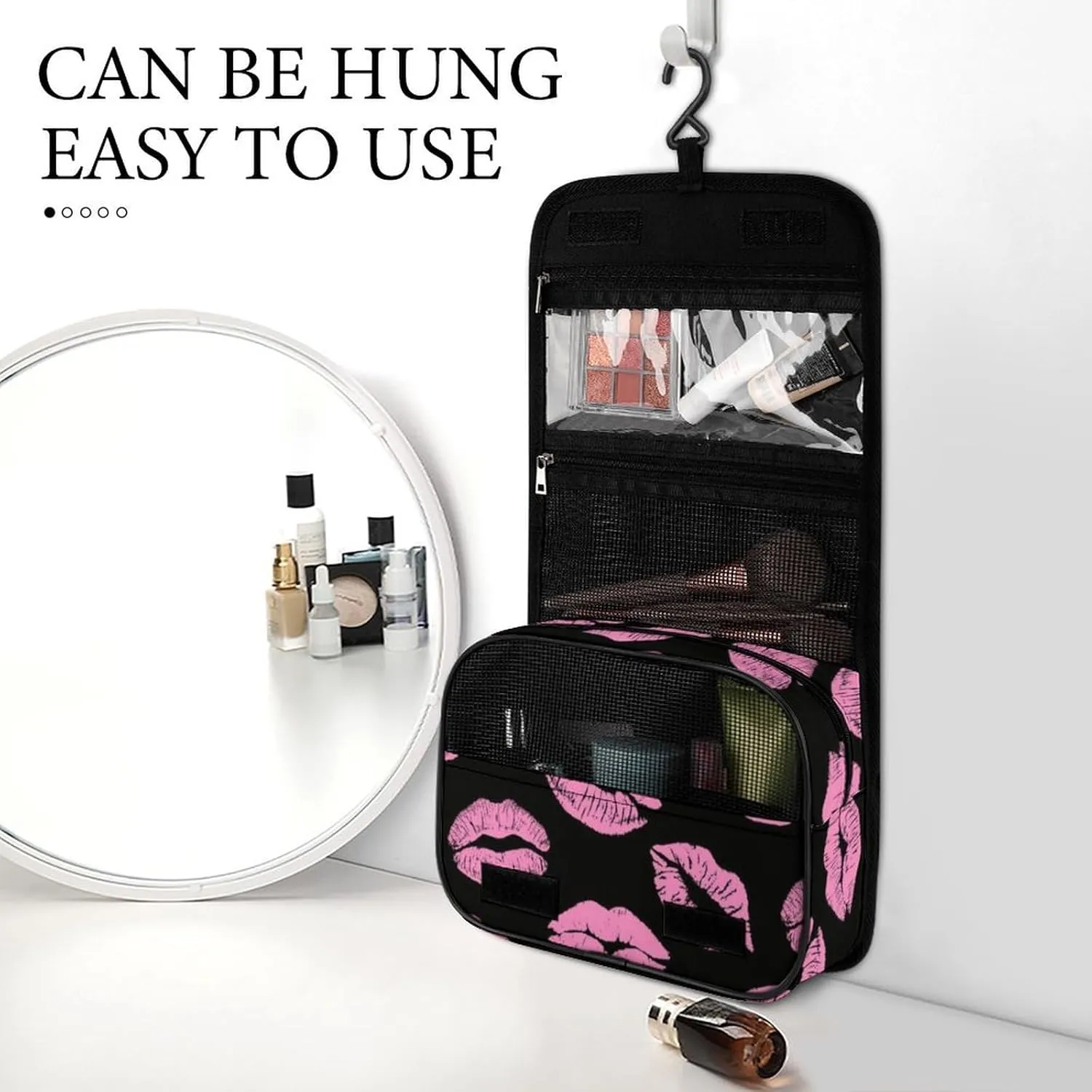 Travel Toiletry Bag, Hanging Travel Makeup Organizer Cosmetic Bag Portable Travel Bags Compatible with Pink Lips Print for Toiletries Accessories
