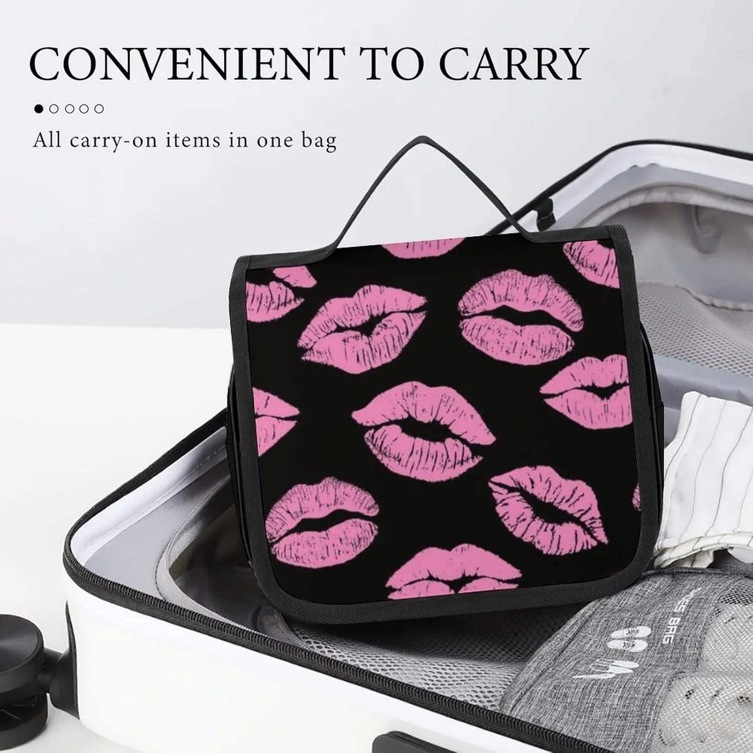 Travel Toiletry Bag, Hanging Travel Makeup Organizer Cosmetic Bag Portable Travel Bags Compatible with Pink Lips Print for Toiletries Accessories