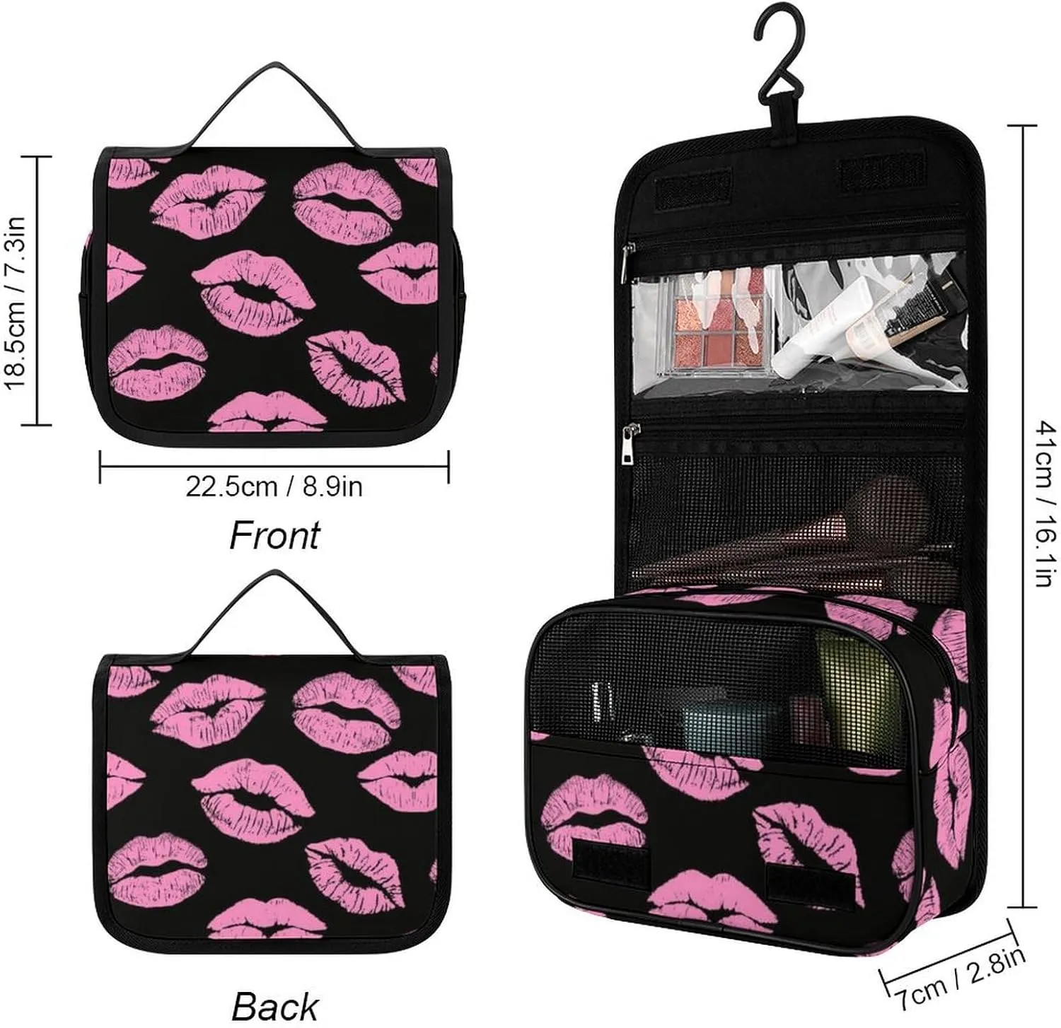 Travel Toiletry Bag, Hanging Travel Makeup Organizer Cosmetic Bag Portable Travel Bags Compatible with Pink Lips Print for Toiletries Accessories