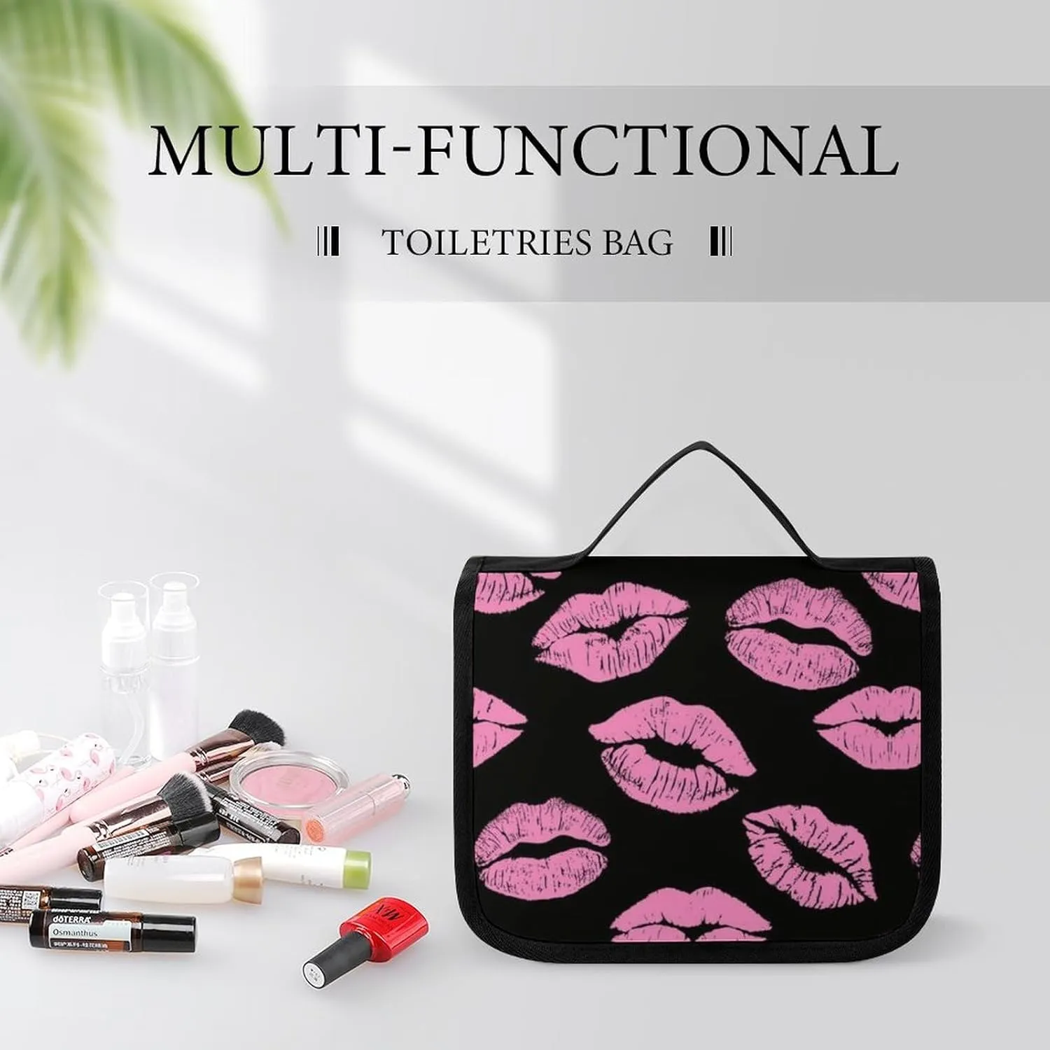 Travel Toiletry Bag, Hanging Travel Makeup Organizer Cosmetic Bag Portable Travel Bags Compatible with Pink Lips Print for Toiletries Accessories