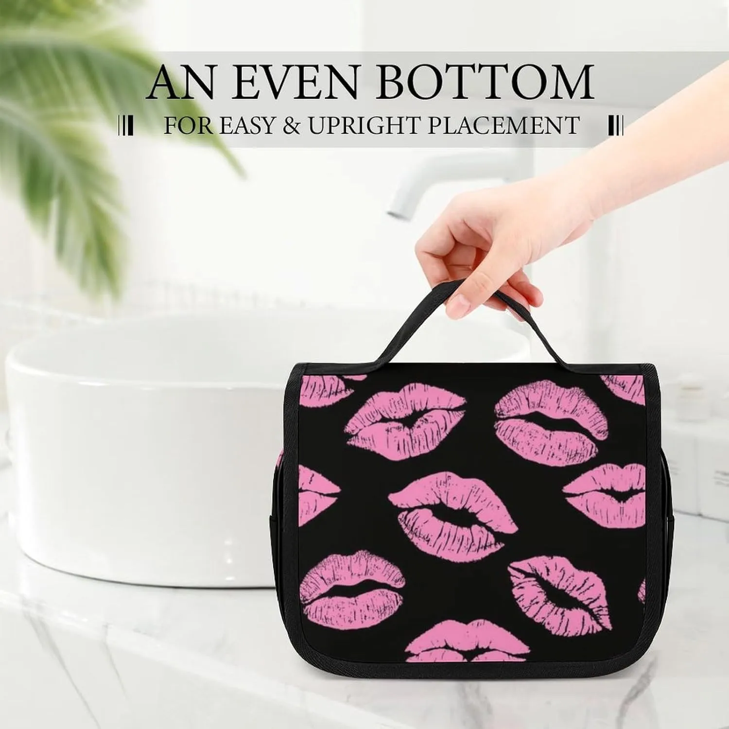 Travel Toiletry Bag, Hanging Travel Makeup Organizer Cosmetic Bag Portable Travel Bags Compatible with Pink Lips Print for Toiletries Accessories