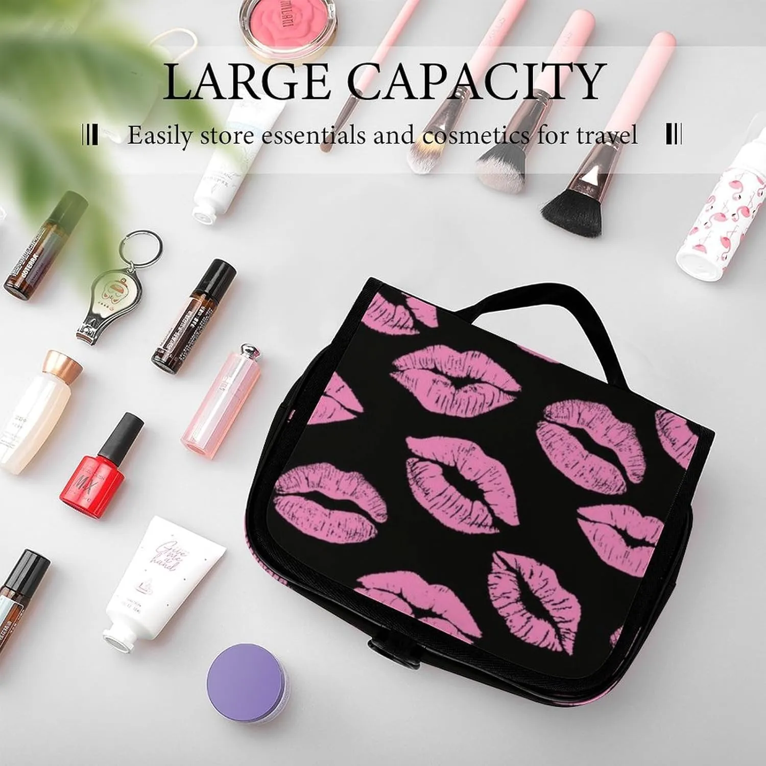 Travel Toiletry Bag, Hanging Travel Makeup Organizer Cosmetic Bag Portable Travel Bags Compatible with Pink Lips Print for Toiletries Accessories