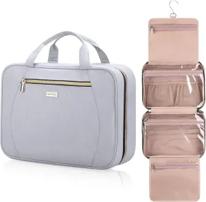 Travel Toiletry Bags with Hanging Hook for Full-size Toiletries, Brushes Set, Cosmetics - Large Grey
