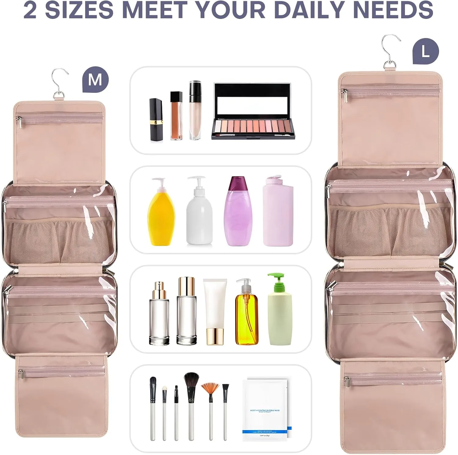 Travel Toiletry Bags with Hanging Hook for Full-size Toiletries, Brushes Set, Cosmetics - Large Grey