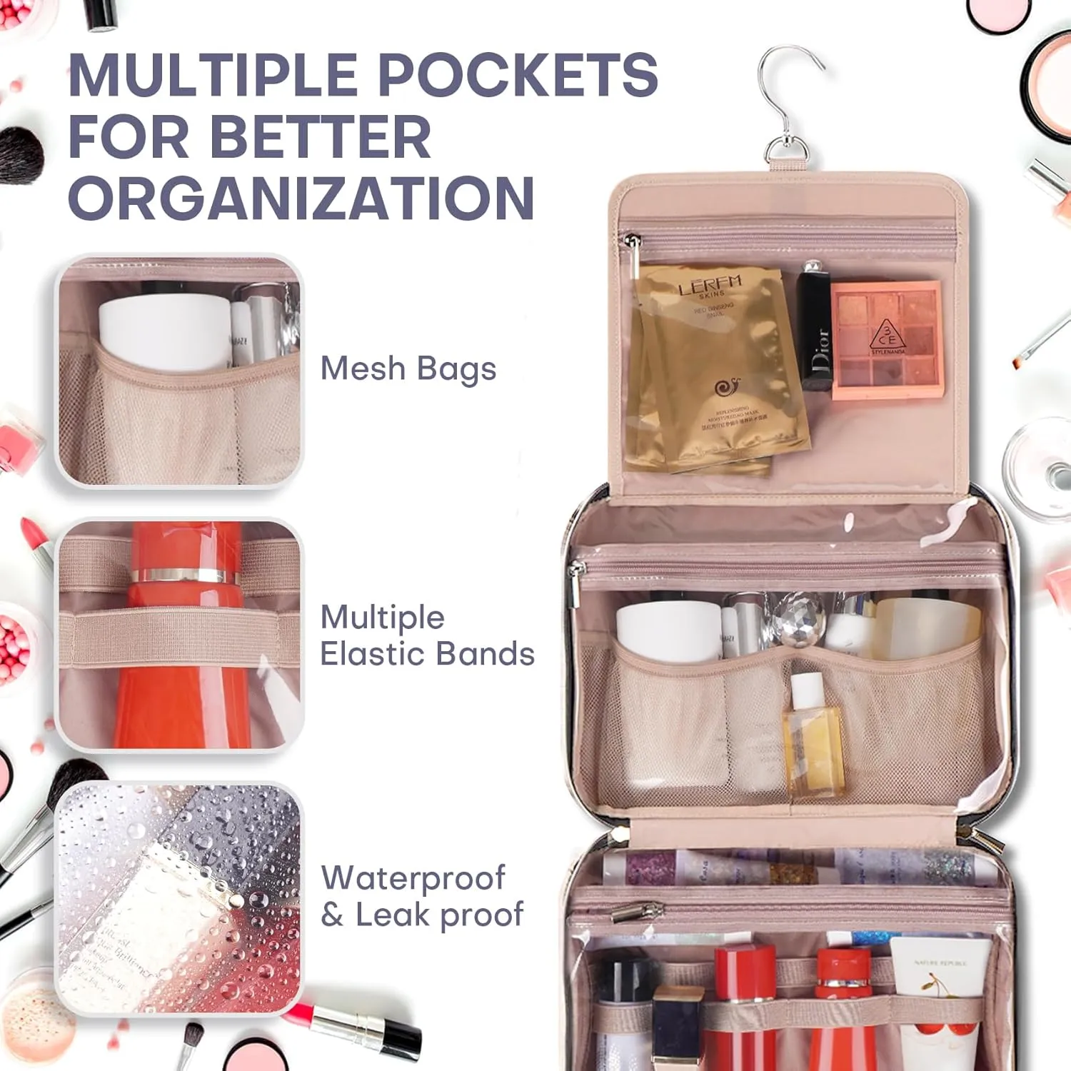 Travel Toiletry Bags with Hanging Hook for Full-size Toiletries, Brushes Set, Cosmetics - Large Grey