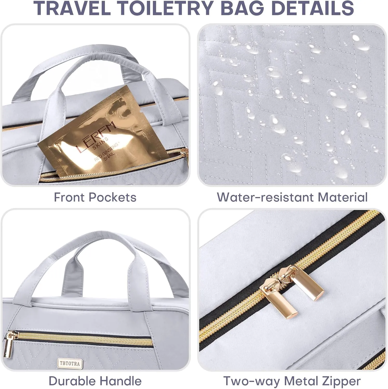 Travel Toiletry Bags with Hanging Hook for Full-size Toiletries, Brushes Set, Cosmetics - Large Grey