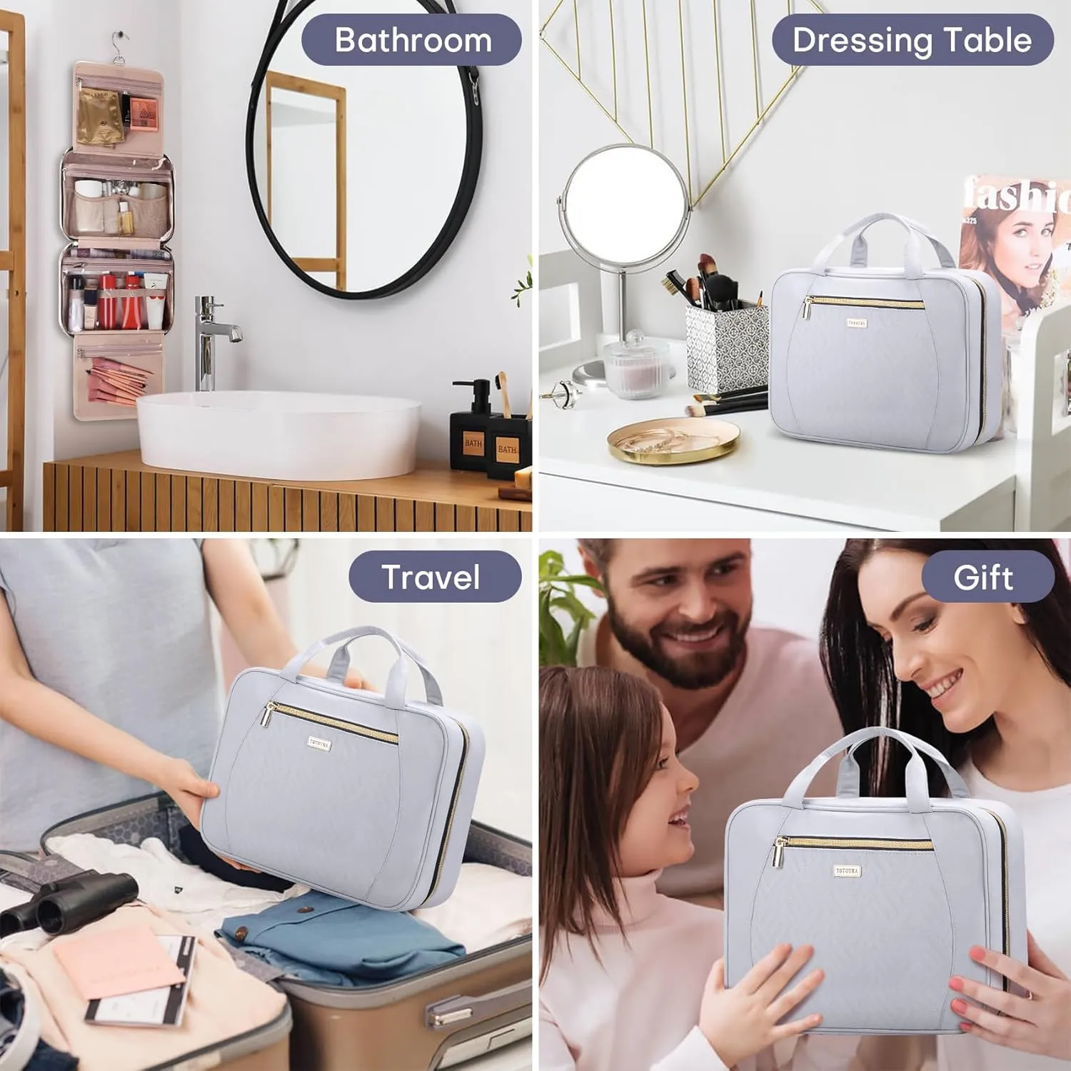 Travel Toiletry Bags with Hanging Hook for Full-size Toiletries, Brushes Set, Cosmetics - Large Grey
