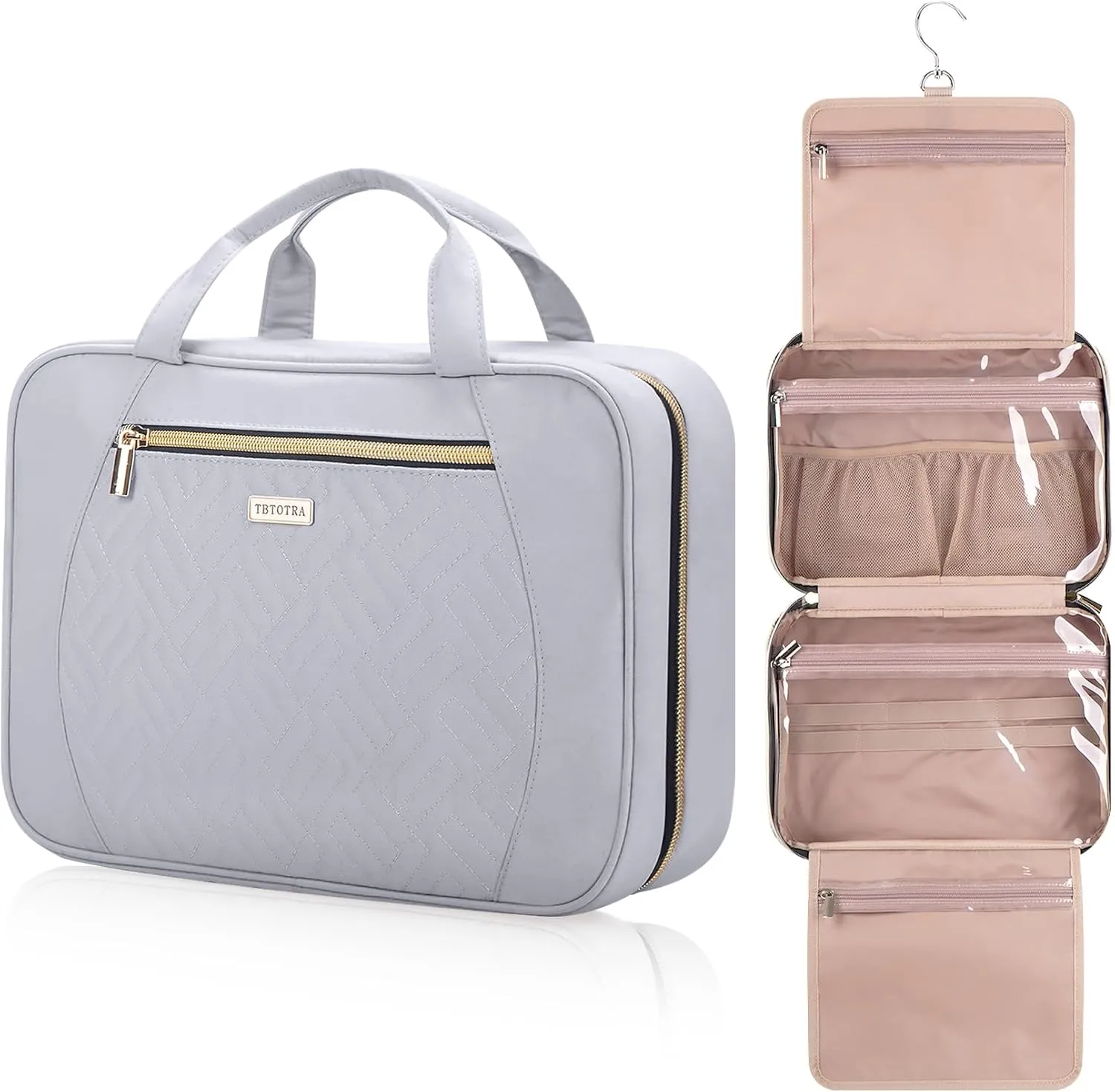 Travel Toiletry Bags with Hanging Hook for Full-size Toiletries, Brushes Set, Cosmetics - Large Grey