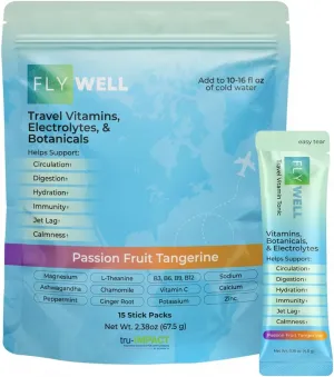 Travel Vitamin Tonic for Flight, Jet Lag, Hydration, Circulation, Digestion & Immune Support, Promotes Calmness, Electrolyte Powder, Travel Essentials, Passion Fruit Tangerine, 15 Sticks
