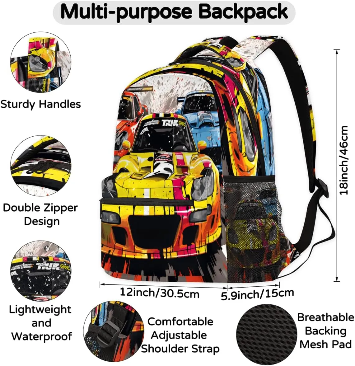 TropicalLife Color Race Car 18 Inch Travel Laptop Backpack for Women Men Large Business Travel Rucksack Waterproof Casual Daypack