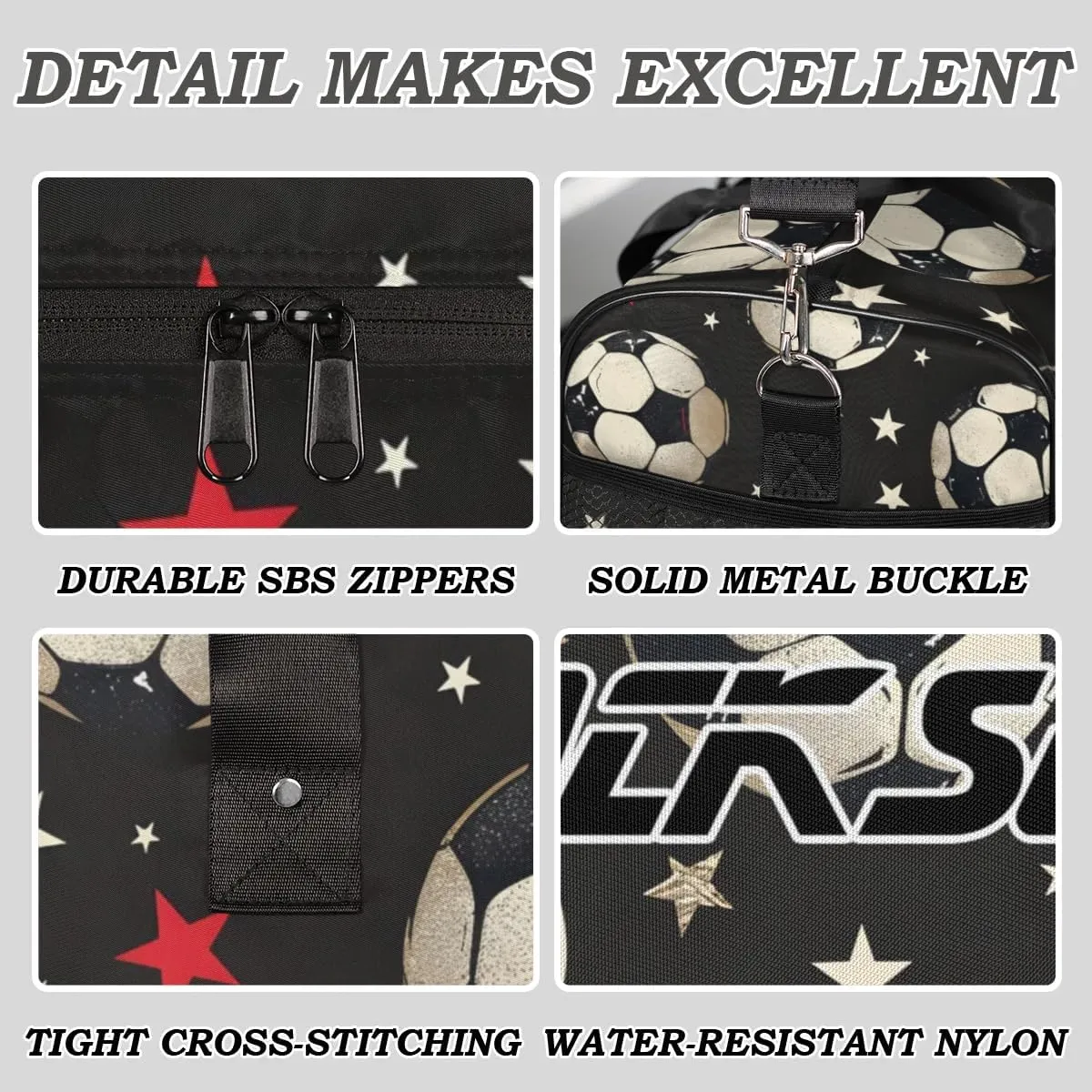 TropicalLife Personalized Black White Soccer Stars Duffel Bag Custom Name Gym Bags Carry On Travel Bag Weekender Overnight Bag for Women Men,