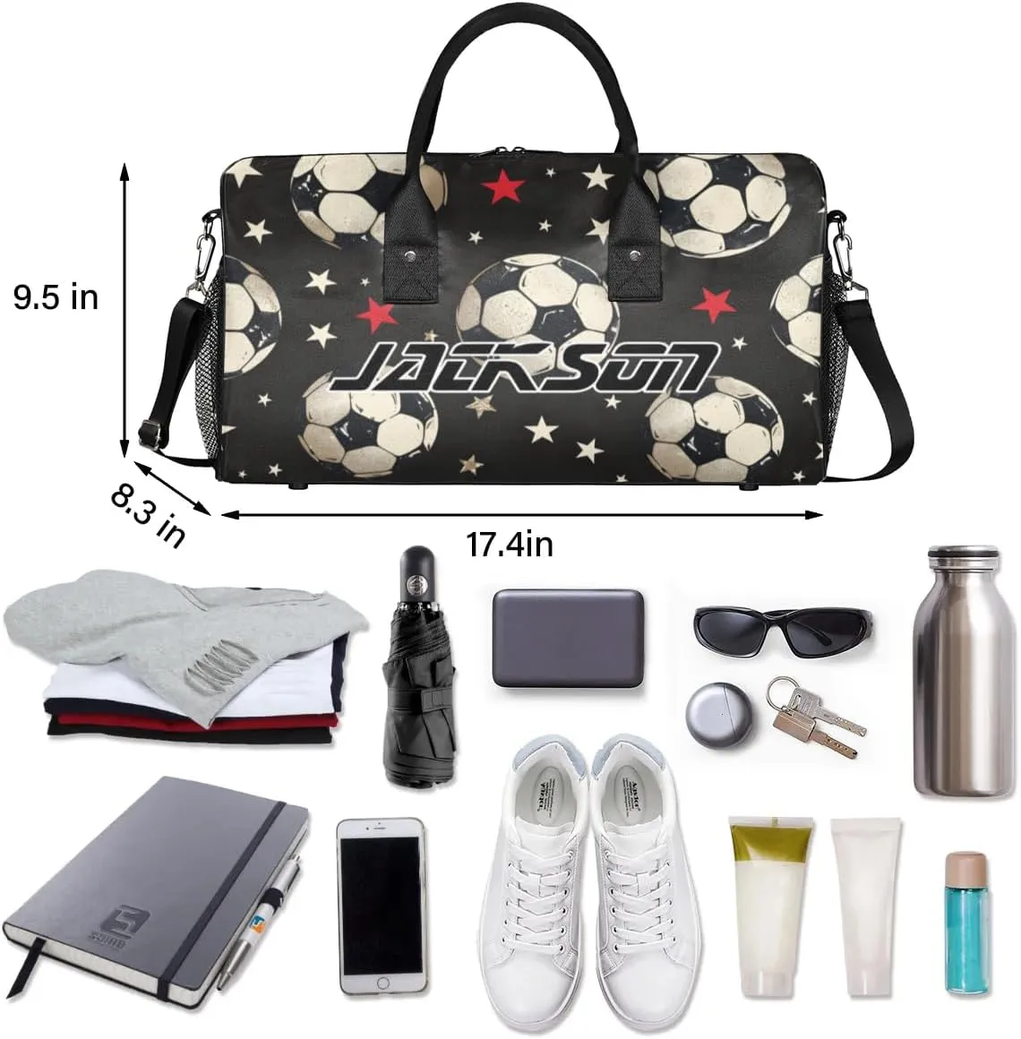 TropicalLife Personalized Black White Soccer Stars Duffel Bag Custom Name Gym Bags Carry On Travel Bag Weekender Overnight Bag for Women Men,