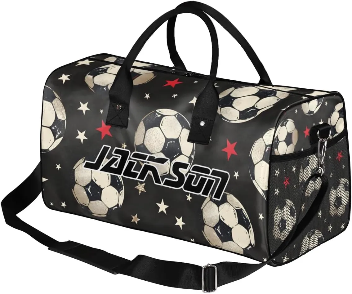 TropicalLife Personalized Black White Soccer Stars Duffel Bag Custom Name Gym Bags Carry On Travel Bag Weekender Overnight Bag for Women Men,