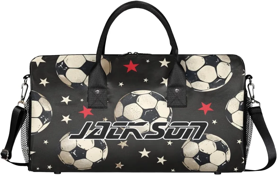 TropicalLife Personalized Black White Soccer Stars Duffel Bag Custom Name Gym Bags Carry On Travel Bag Weekender Overnight Bag for Women Men,