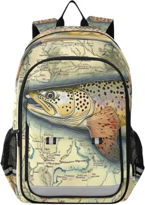 Trout Fish Retro Backpack Travel Laptop Daypack Shoulder Bag Book Bag Daypack with Reflective Strip 12.9 ×17.7 In