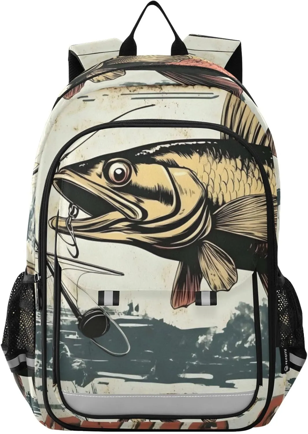 Trout Vintage Fishing Backpack for Women Men Travel Laptop Daypack Shoulder Bag Book Bag Daypack with Reflective Strip 12.9” × 17.7”
