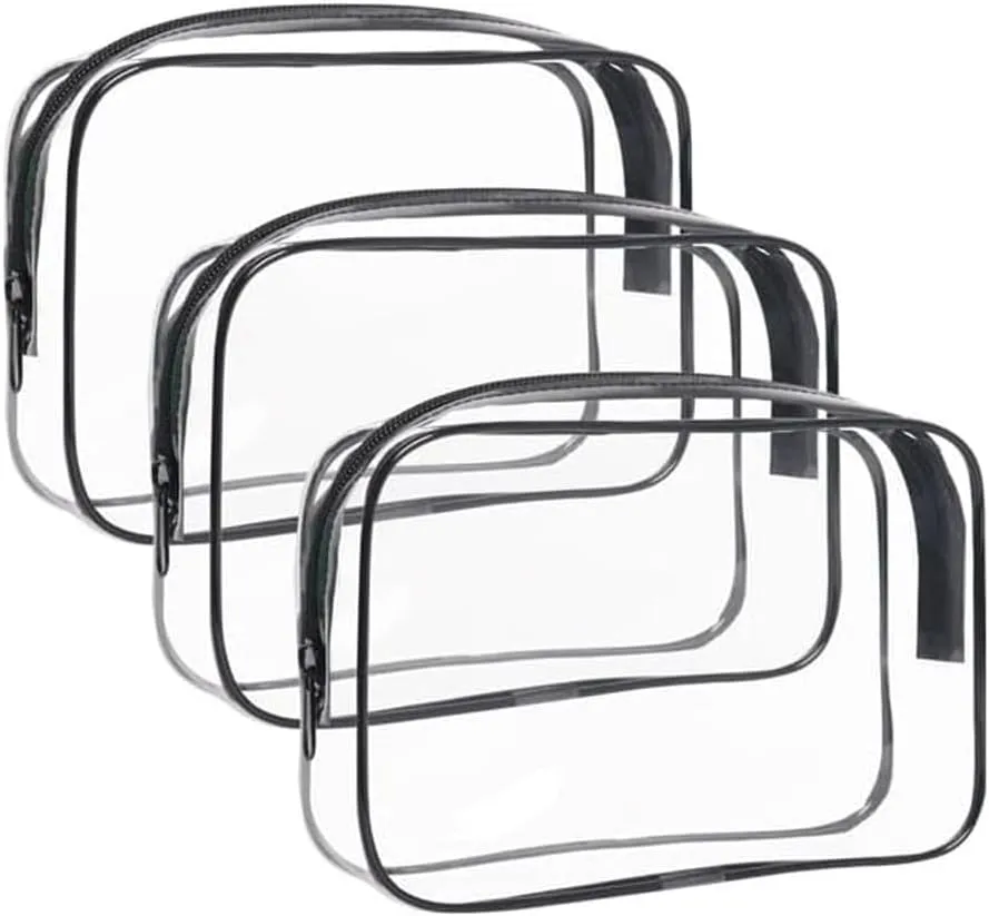 TSA Approved Toiletry Bag, 3 Pack Clear Toiletries Bags 7.5"x2.2"x5.5" Size Travel Makeup Cosmetic Bag for Women and Men, Carry on Airport Airline Compliant Bag, Clear Travel Bags for Toiletries-Black