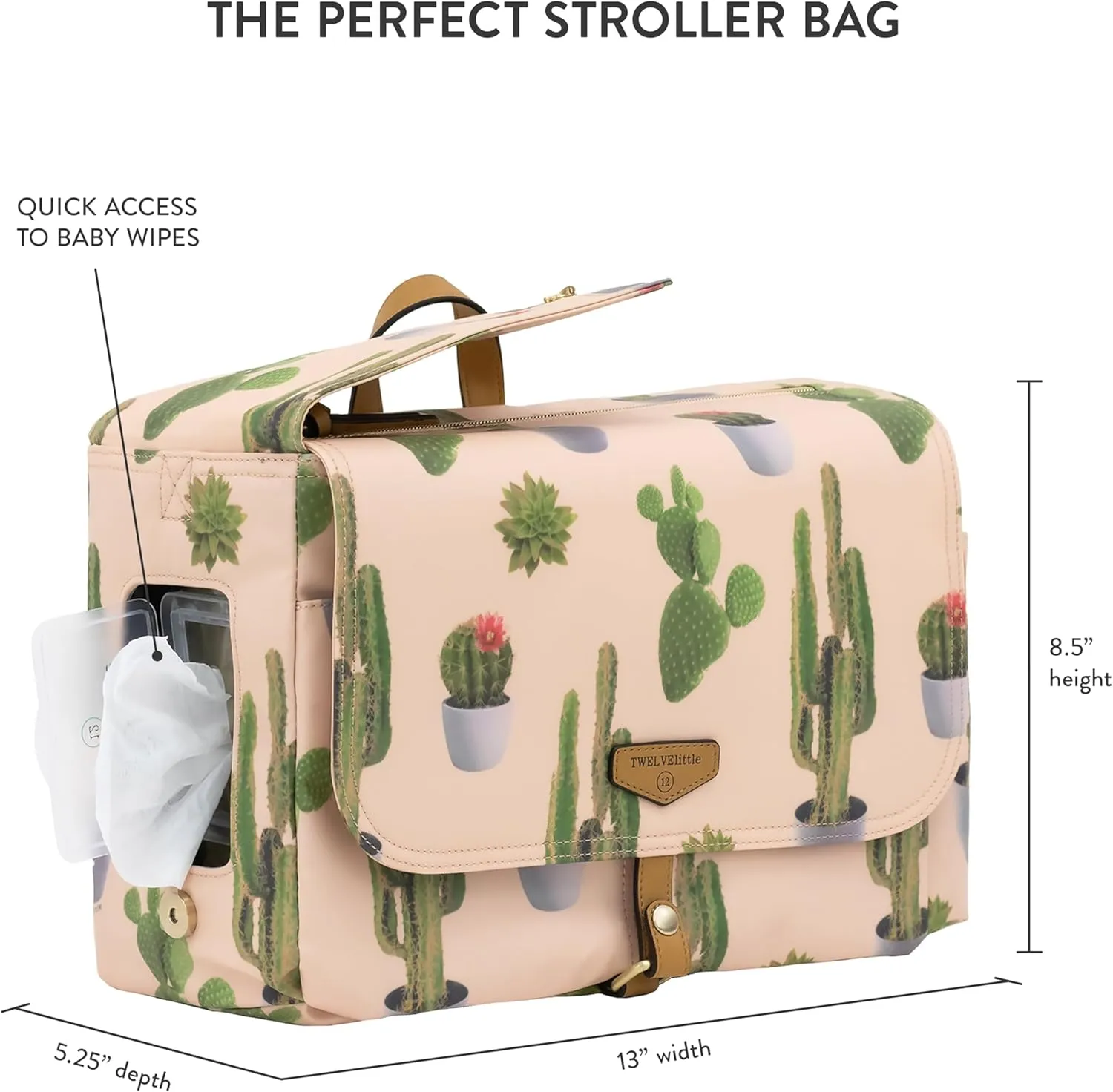 TWELVElittle On-The-Go Stroller Caddy 3.0 - Travel Style Diaper Bag, Messenger Diaper Bag, Includes Stroller Clips and Changing Pad - Cactus