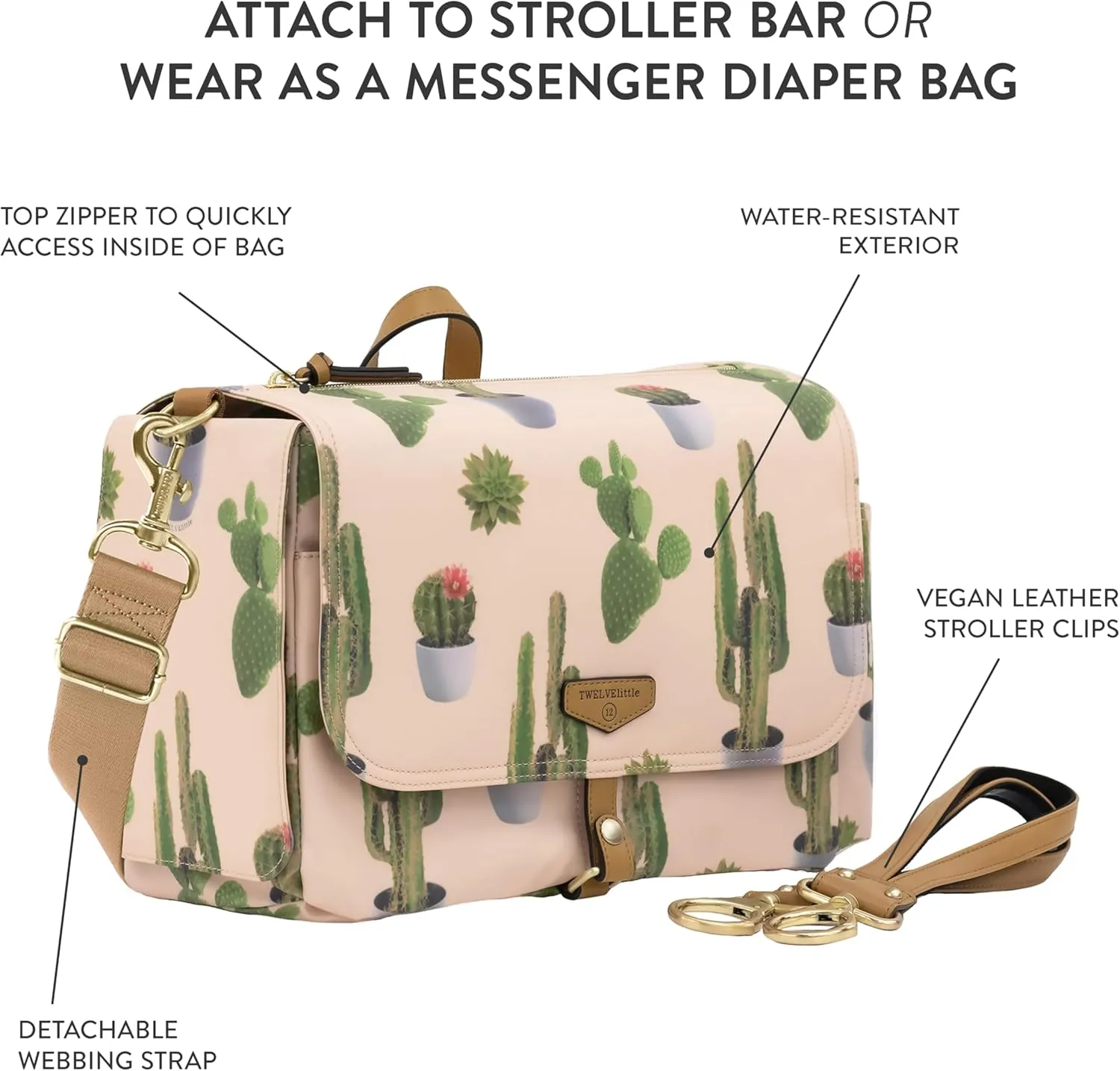 TWELVElittle On-The-Go Stroller Caddy 3.0 - Travel Style Diaper Bag, Messenger Diaper Bag, Includes Stroller Clips and Changing Pad - Cactus