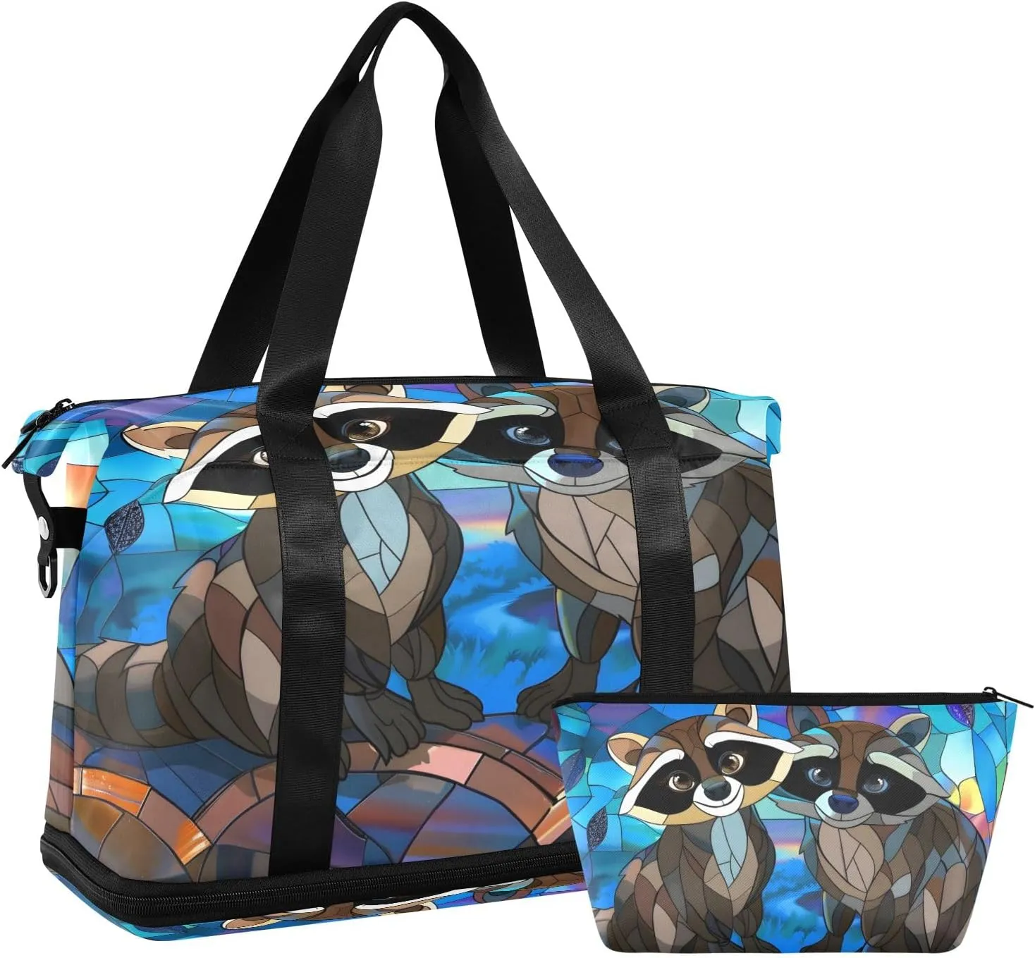 Two Raccoons on The Roof Travel Duffel Bag Waterproof Gym Sport Tote Bag Carry On Weekender Bag with Compartment