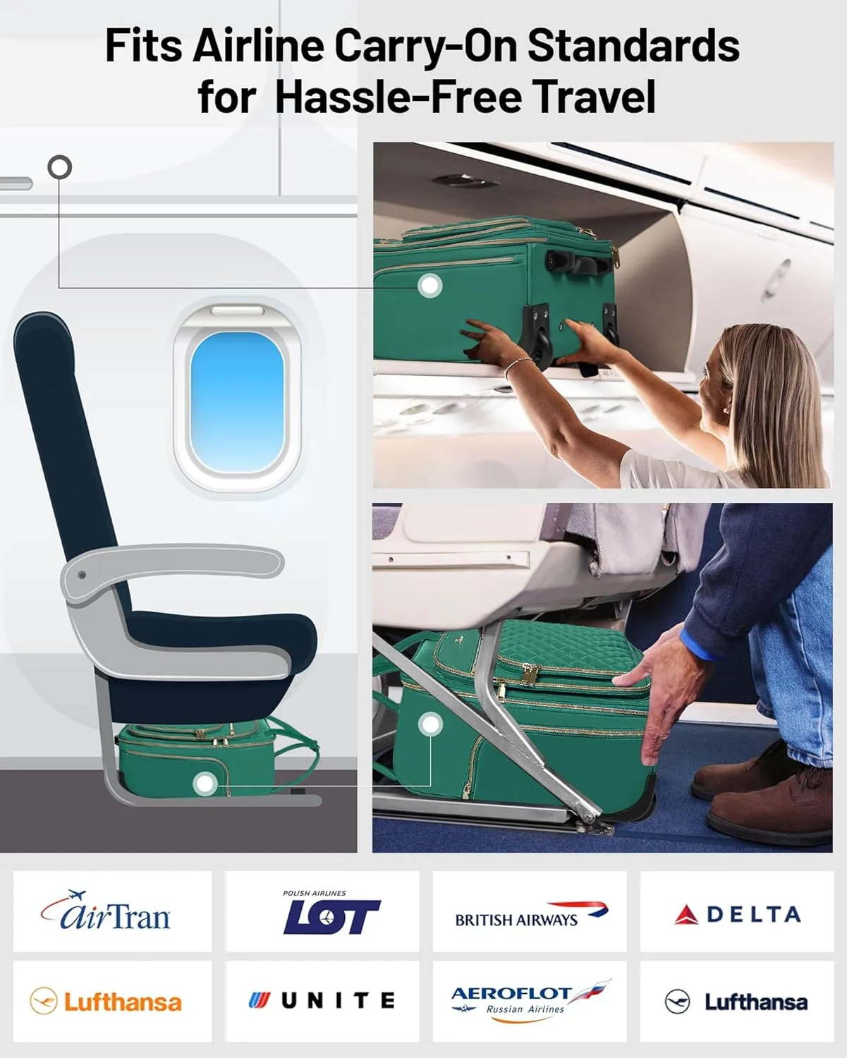 Under Seat Luggage with Wheels for Women Men, Airline Approved Underseat Carry on Luggage for Airplanes, Small Personal Item Travel Bag for Short Trip