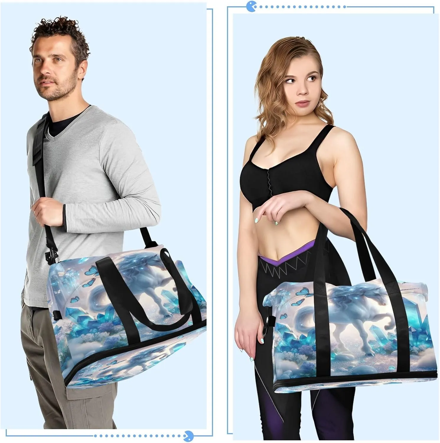 Unicorn with Blue Crystals Waterproof Sports Travel Duffel Bag with Wet Pocket and Shoes Compartment Duffle Bag for Men