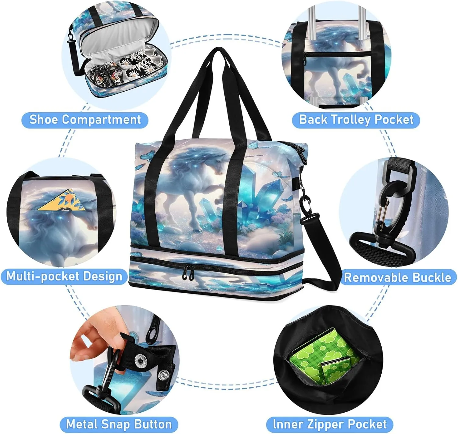 Unicorn with Blue Crystals Waterproof Sports Travel Duffel Bag with Wet Pocket and Shoes Compartment Duffle Bag for Men