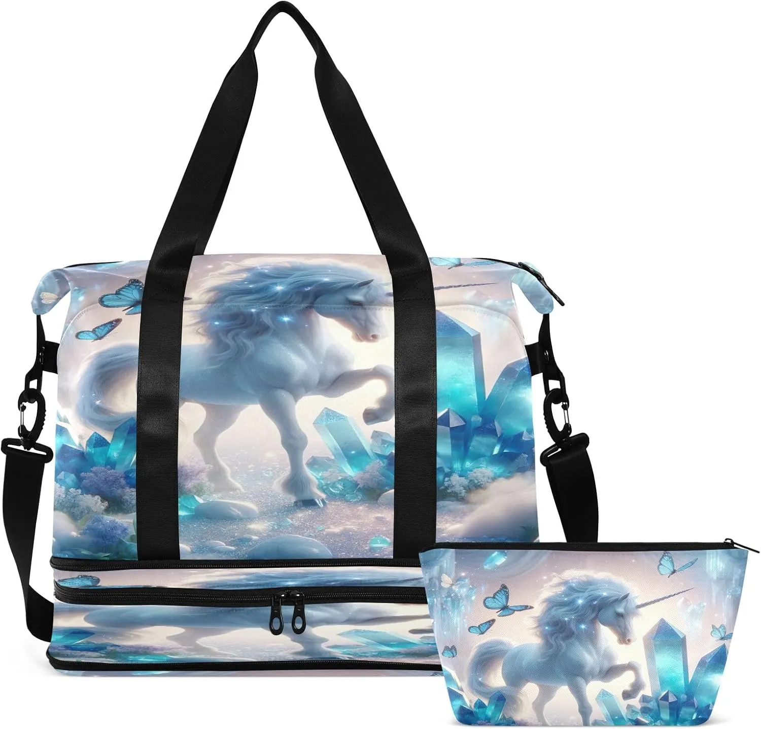 Unicorn with Blue Crystals Waterproof Sports Travel Duffel Bag with Wet Pocket and Shoes Compartment Duffle Bag for Men