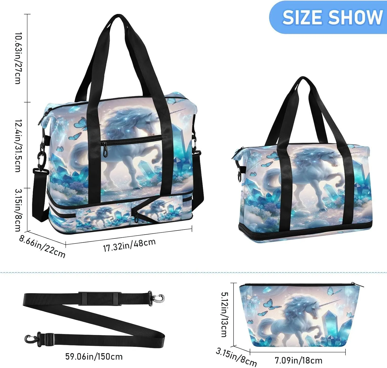 Unicorn with Blue Crystals Waterproof Sports Travel Duffel Bag with Wet Pocket and Shoes Compartment Duffle Bag for Men