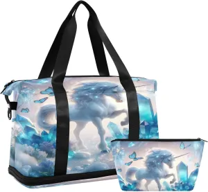 Unicorn with Blue Crystals Waterproof Sports Travel Duffel Bag with Wet Pocket and Shoes Compartment Duffle Bag for Men