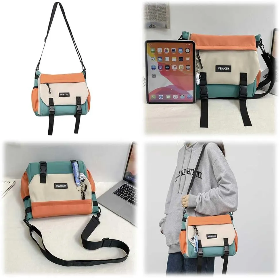 Unisex Messenger Bag Large Capacity Flap Crossbody Bag Contrast Color Nylon Satchel Bag for College Travel Busine