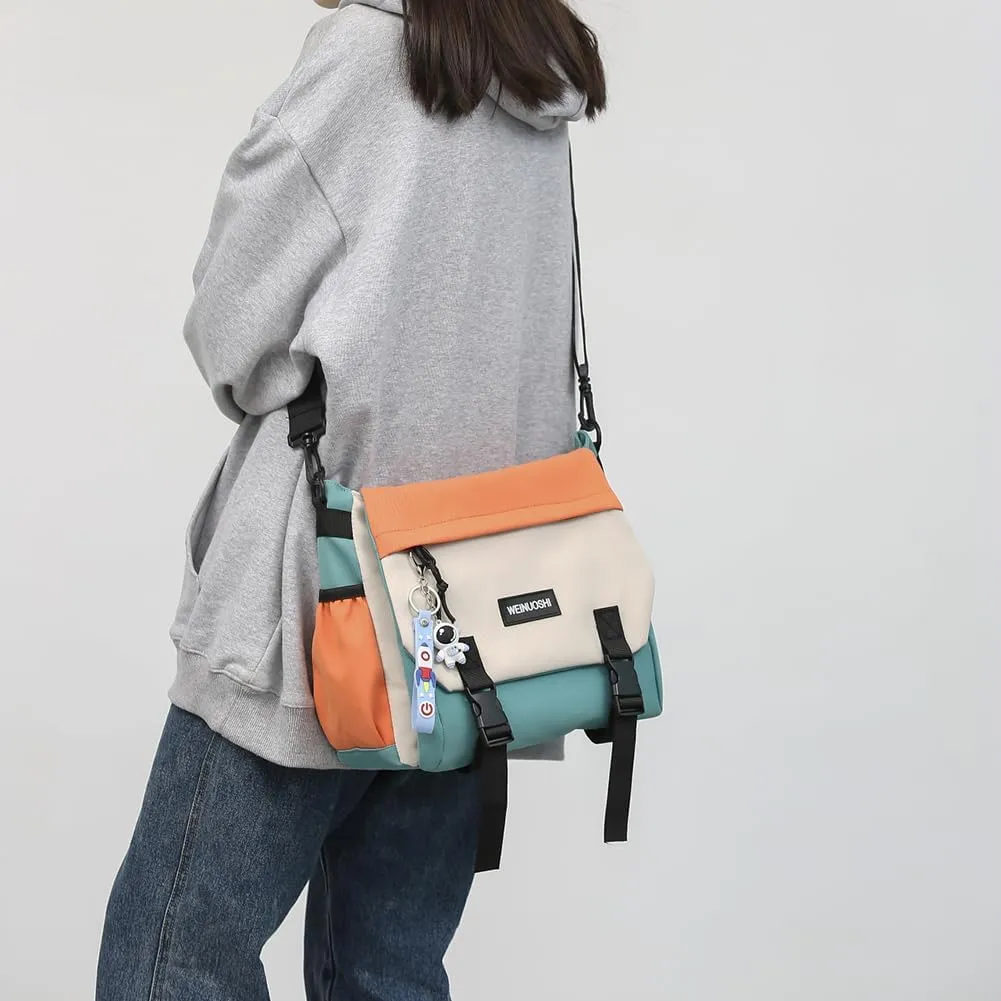Unisex Messenger Bag Large Capacity Flap Crossbody Bag Contrast Color Nylon Satchel Bag for College Travel Busine