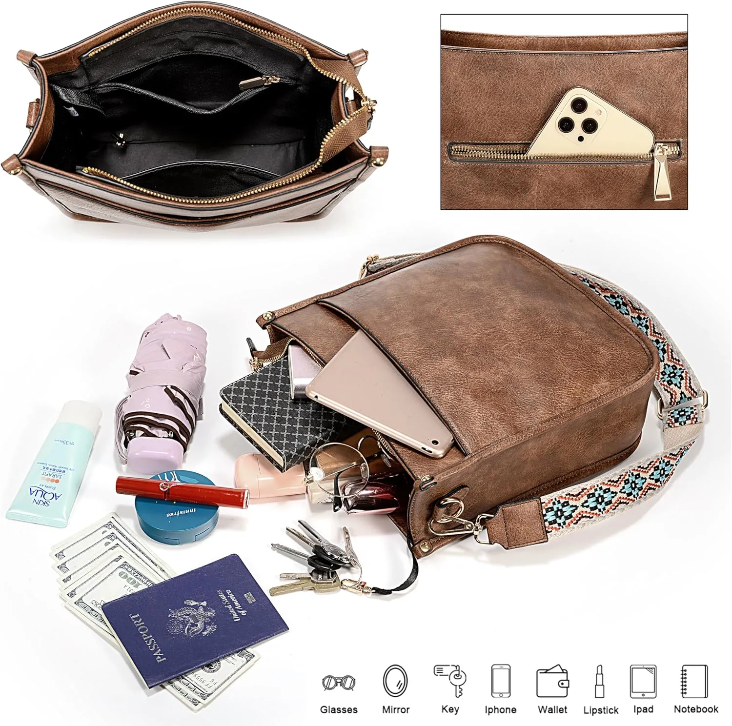 Uromee Crossbody Bags for Women Trendy Vegan Leather Multi Pocket Tassel Ladies Shoulder Handbag Purse Adjustable Strap