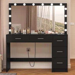 usikey 47.2" Large Vanity Desk with Lighted Mirror, 14 Lights, Makeup Vanity Table with 5 Large Drawers & Charging Station, Makeup Vanity Desk, Vanity Table Set for Bedroom, Black