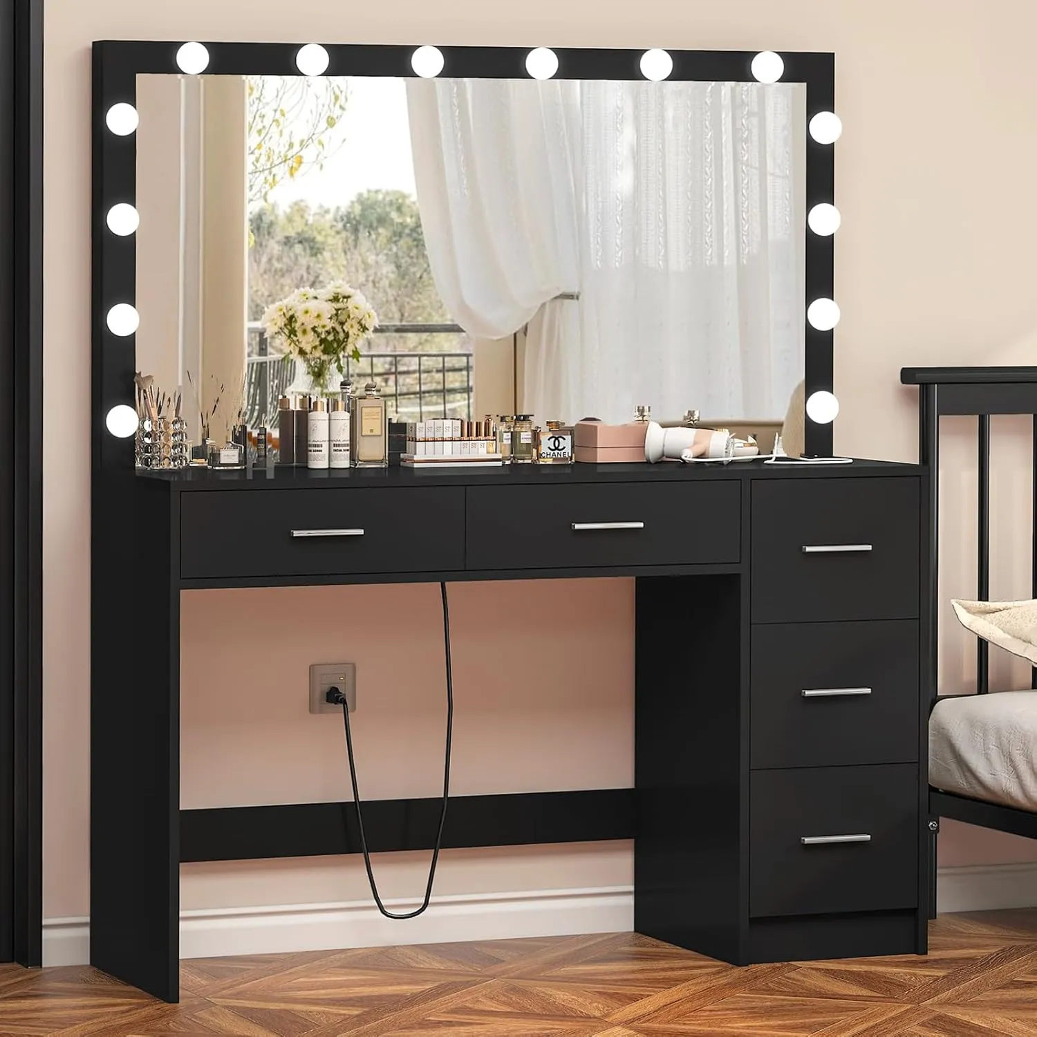 usikey 47.2" Large Vanity Desk with Lighted Mirror, 14 Lights, Makeup Vanity Table with 5 Large Drawers & Charging Station, Makeup Vanity Desk, Vanity Table Set for Bedroom, Black