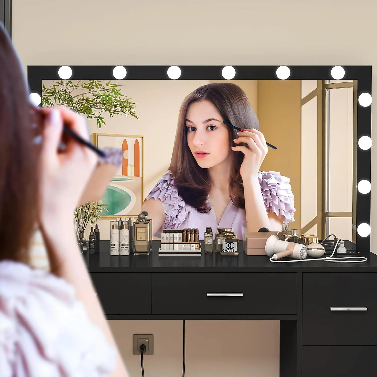 usikey 47.2" Large Vanity Desk with Lighted Mirror, 14 Lights, Makeup Vanity Table with 5 Large Drawers & Charging Station, Makeup Vanity Desk, Vanity Table Set for Bedroom, Black